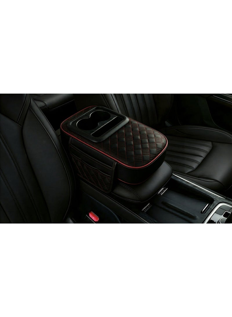 general Leather car armrest with cup holder and small item pockets, padded design, black and red - Image 1